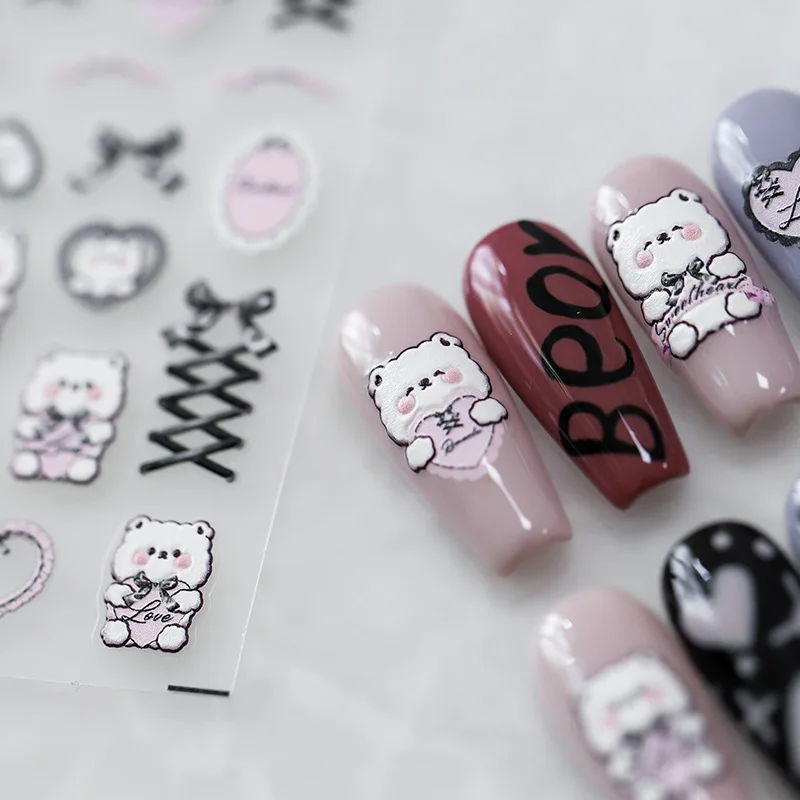 Autocollants 3D en dentelle rose pour Nail Art, décalcomanies avec nœud papillon, cœur d'amour, petit ours mignon, sous-vêtements de Charleroi en relief doux, 5D