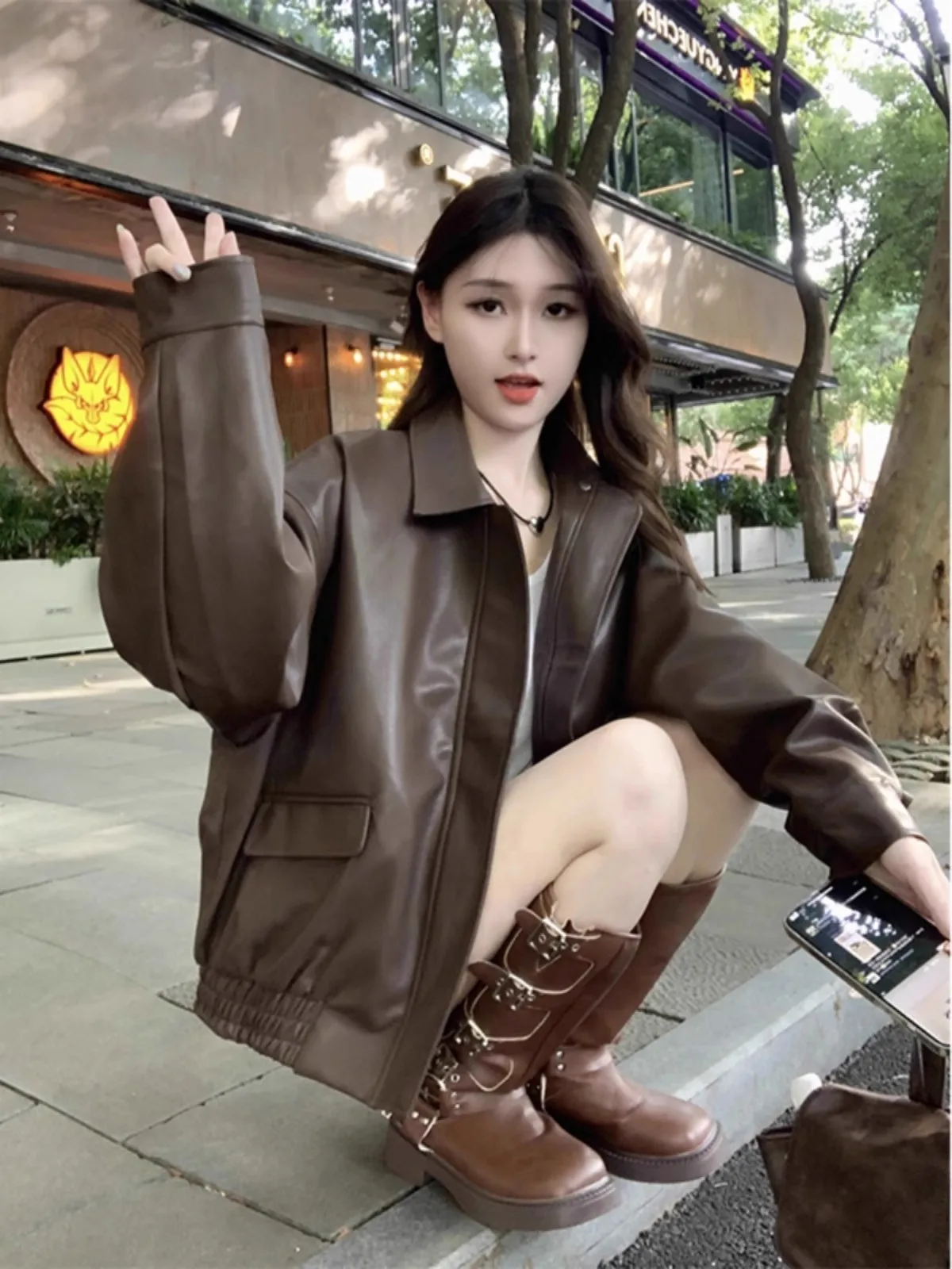 Cuir marron Jaet femmes printemps automne Version coréenne 2025 nouveau Cool fille moto ample Long Sve Jaet haut