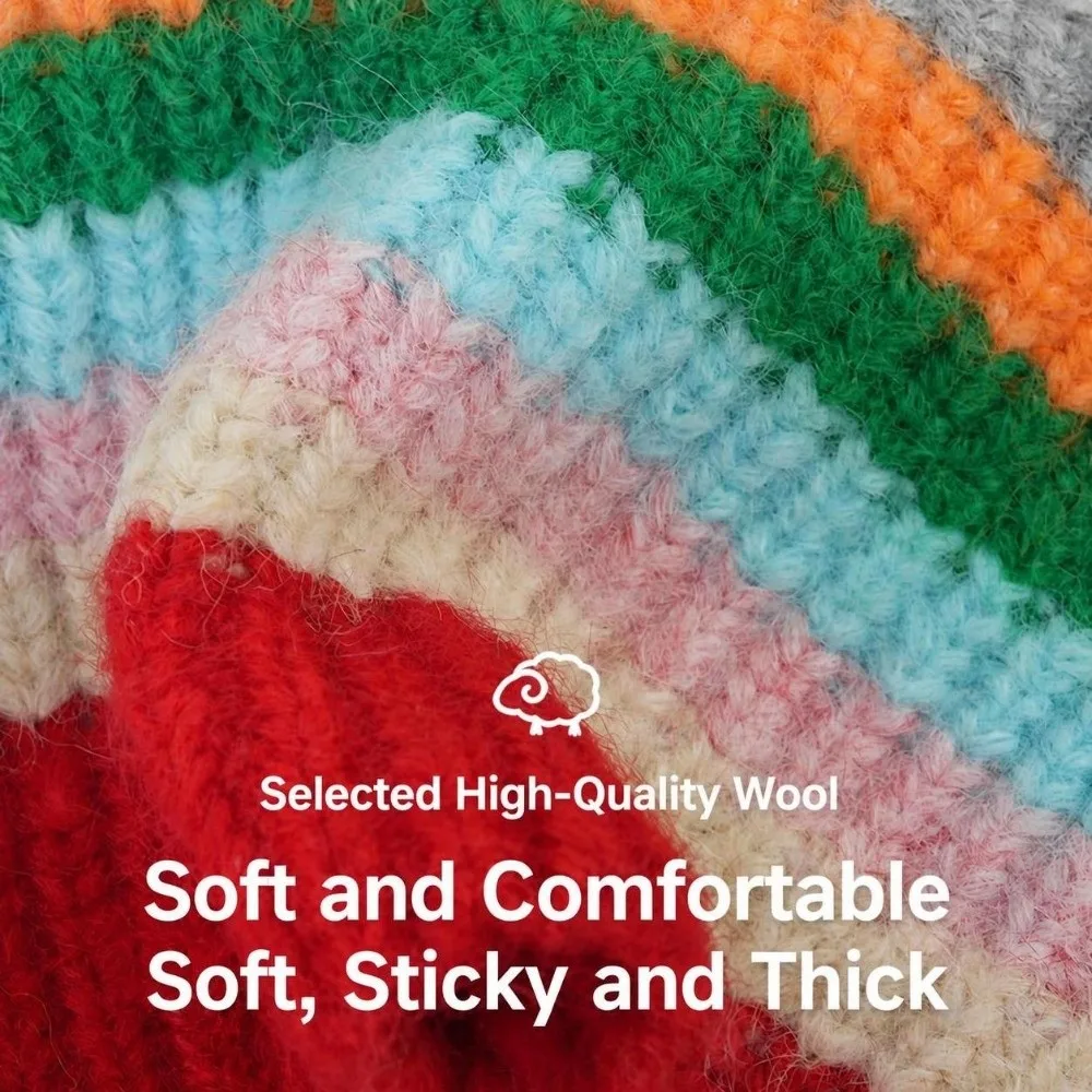 Rainbow Striped Knitted Beanie Hat 55-59cm Head Circumference Daily Use Warm Winter Skull Cap Soft Stretchy Beanie Cold Weather