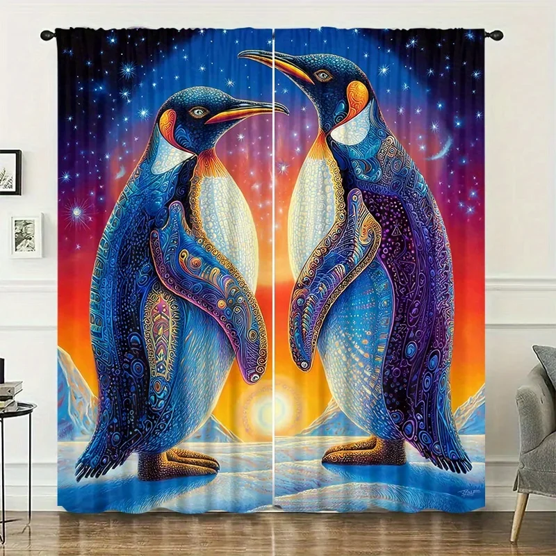 Colorful Antarctic Penguins Print Drapes Room Darkening Window Curtains for Home Decor,Rod Pocket Blackout Curtains Bedroom