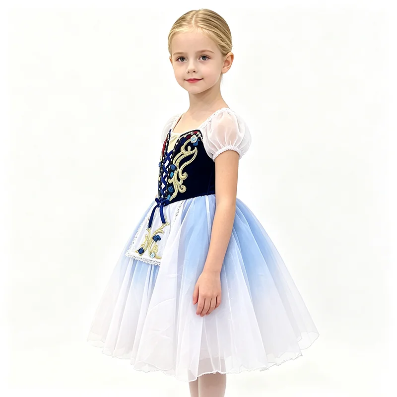 Puff Short Sleeve Ballet Performance Dress Contrast Corset Gold Embroidery Apron Gradient Mesh Midi Skirt Dancewear Suitable For