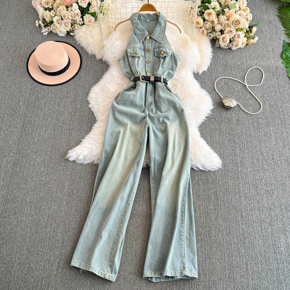 

Denims Jumpsuits Women One Piece Wide Leg Pants Jeans Straight Trousers 2025 Summer Streetwear Washed Sleeveless Overalls