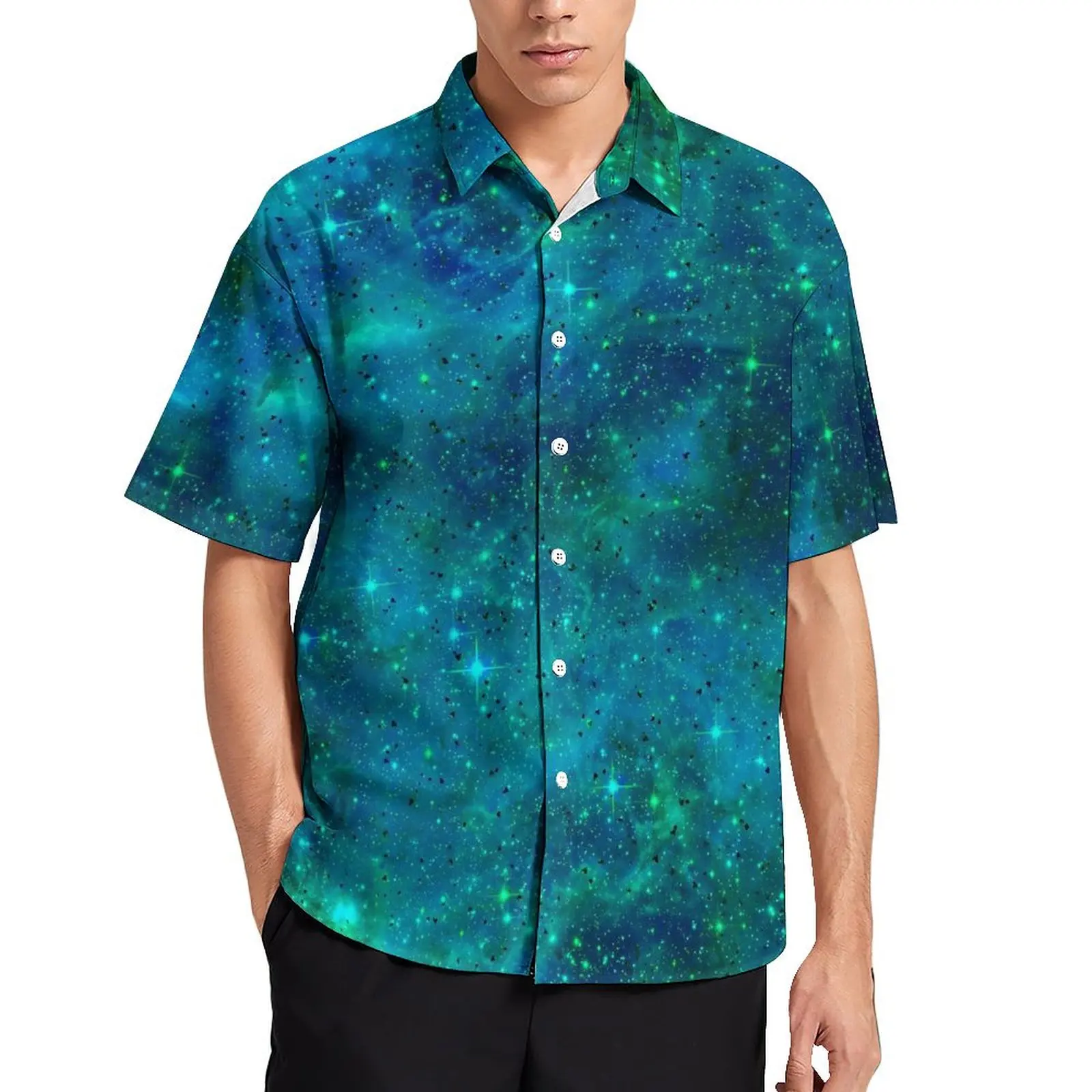 

Green Galaxy Beach Shirt Asteroid Constellation Hawaiian Casual Shirts Men Novelty Blouses Short-Sleeve Stylish Graphic Clothing