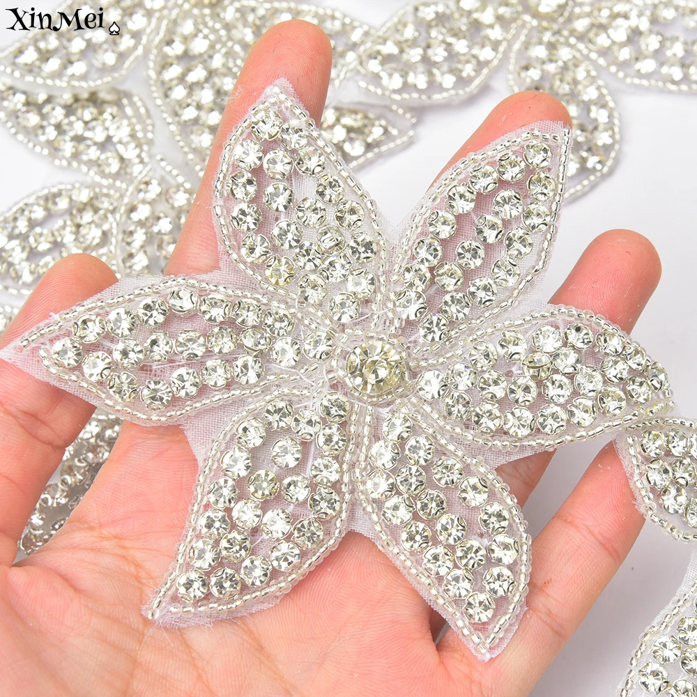 5 sztuk kryształ Rhinestone kwiat aplikacja Hotfix szklane koraliki naszywki ślubne suknia ślubna dekoracja paska motyw DIY akcesoria