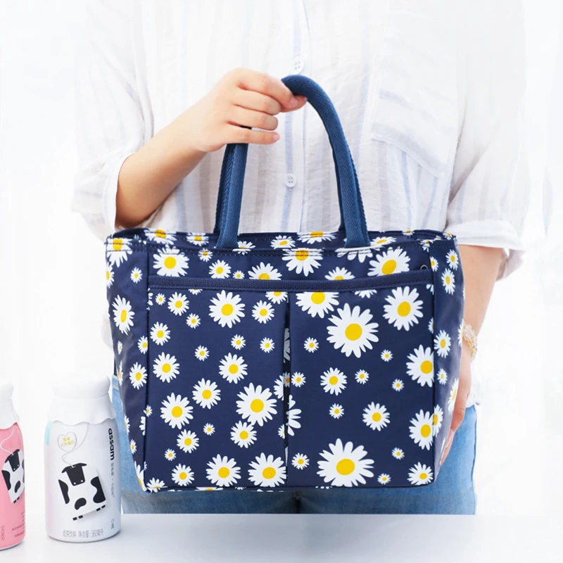 Daisy Printed Lunch Bag Thermal Insulation Large Capacity Handbag Cute Picnic Drinks Lunch Box Storage Bag Portable Lunch Pouch