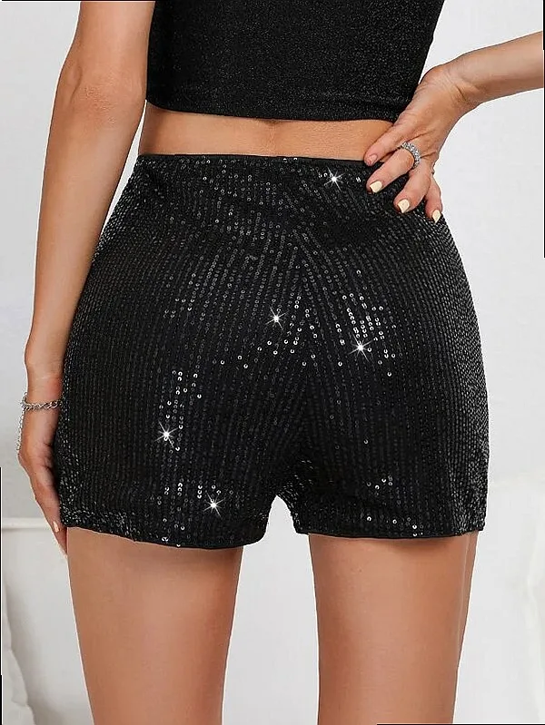 Sparkly Sequin Hot Pants High Waist Straight Shorts Solid Black Bodycon Shorts for Summer