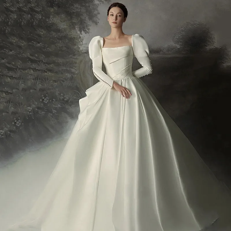 Luxury Satin A-Line Wedding Gowns Vintage Herben-style Puff Long-sleeve Princess Party Dress Gorgeous Evening Gown Bridal Gowns