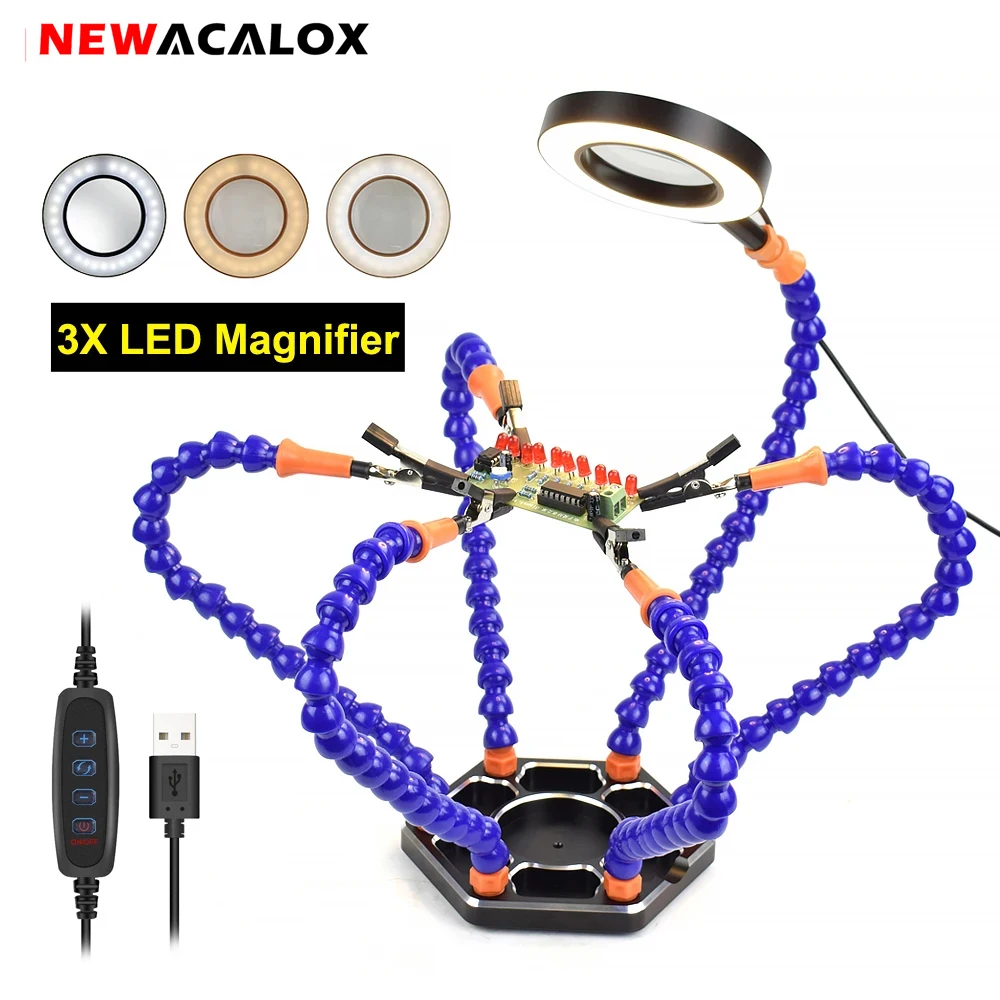 NEWACALOX Soldering PCB Board Holder Helping Hands USB 3X LED Magnifier Welding Smoking Fan Third Hand Tool Soldering Stand