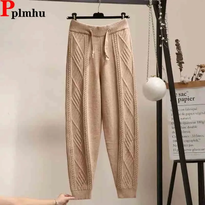 

Casual Knitted Stretch Sweatpants Women High Waist Thick Harem Pants Ankle Length Trendy Jogger Pantalons Fall Knitwear Spodnie