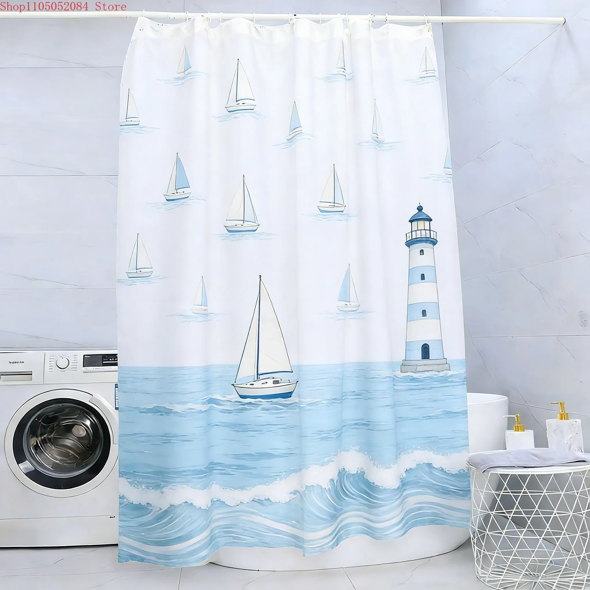 Coastal Sailboat & Lighthouse Ocean Wave Waterproof Shower Curtain