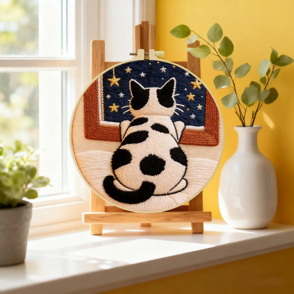 1 Stück 20X20CM/15X15CM 7,87/6,3 Zoll „Aus dem Fenster schauend auf die Katze“ Stickerei-Starter-Kit DIY-Kit DIY-Stickerei-Kit manualid – Detail 1