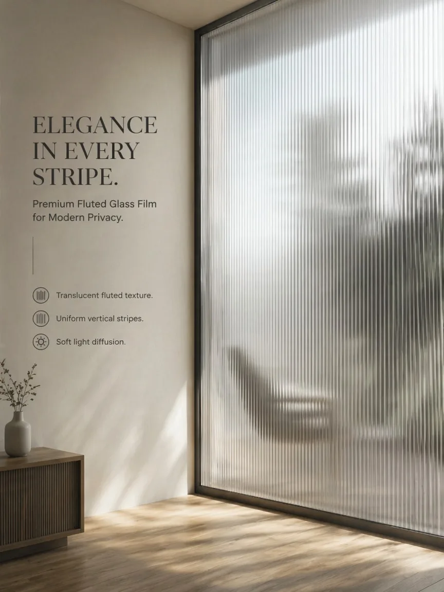 Fluted Pattern Frosted Privacy Window Film Static Cling No Glue UV Block Heat Control for Home Office Bathroom Glass Door