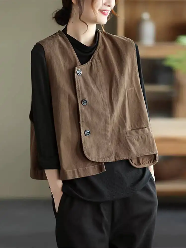 

2026 New Women's Japanese Retro Cotton Gingham Vest V Neck Single Button Sleeveless Cropped Waistcoat Casual Top
