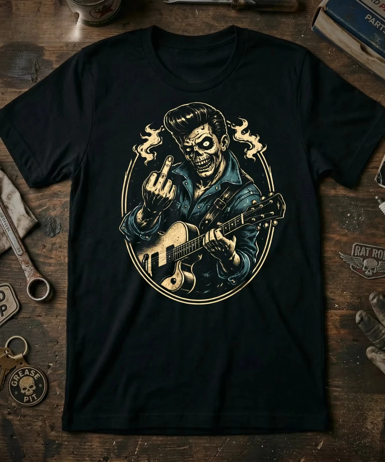 Summer Hot Sale Johnny Smash Outlaw Rockabilly T-Shirt - Psychobilly Zombie Cash Men's Round Neck Short Sleeve