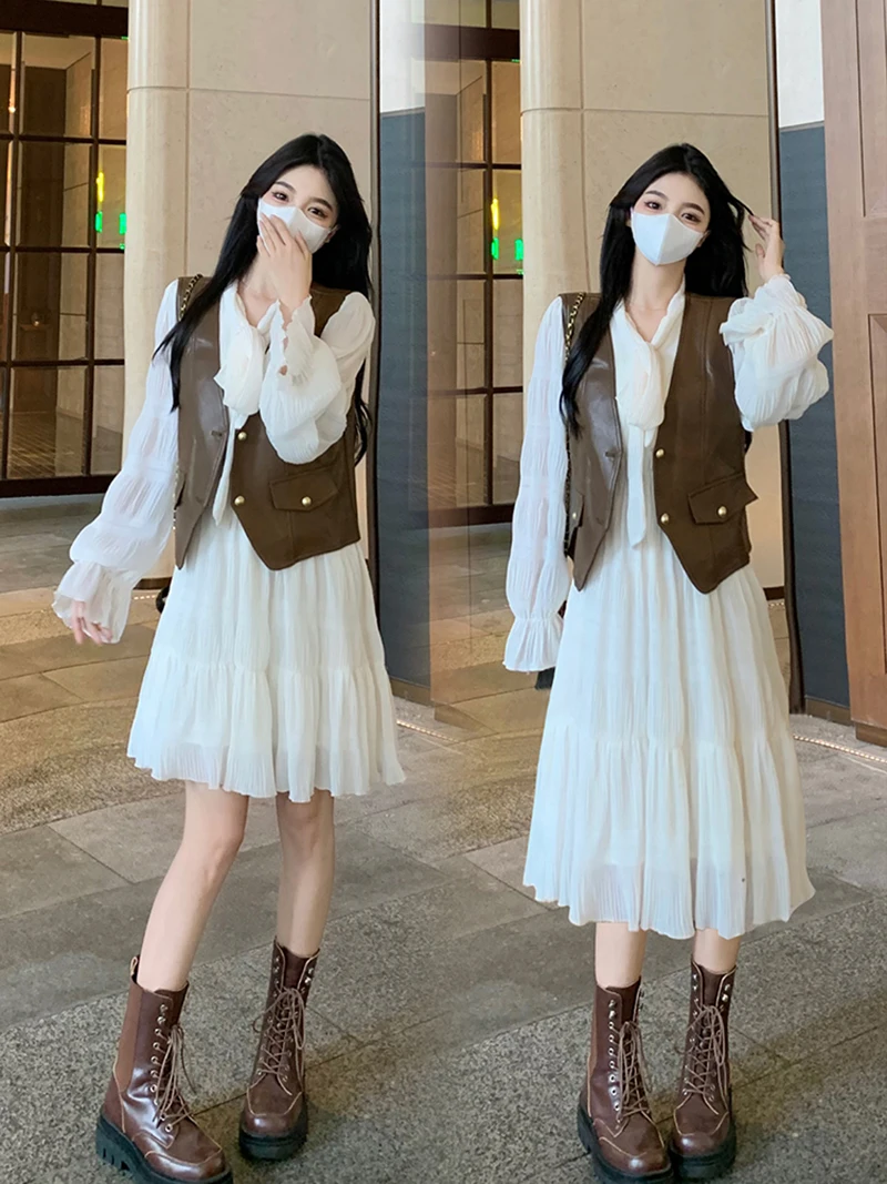 

Комплект из двух предметов больших размеров: шифоновое платье с V-образным вырезом и длинными рукавами, белое, осенняя новинка, корейский стиль, для офиса, с завышенной талией, А-силуэт