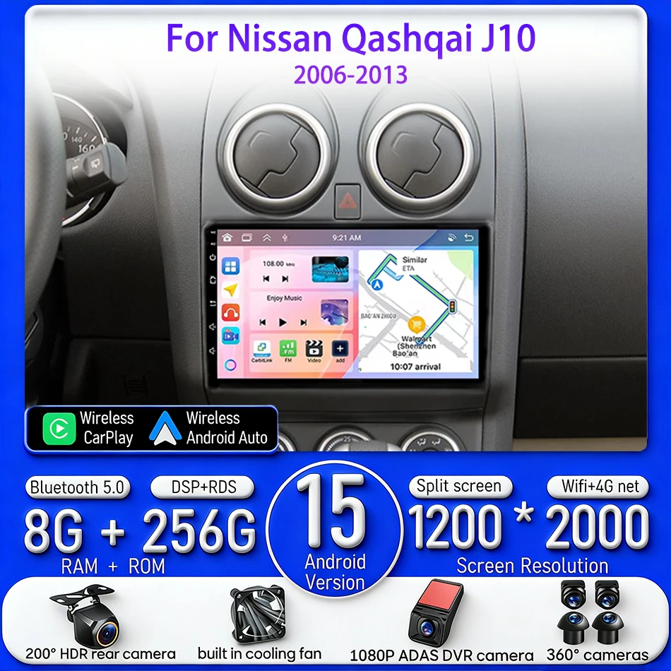 

For Nissan Qashqai J10 2006 - 2013 Android 15 Car Multimedia Video Radio Player Wireless CarPlay Android Auto Navigation 2din