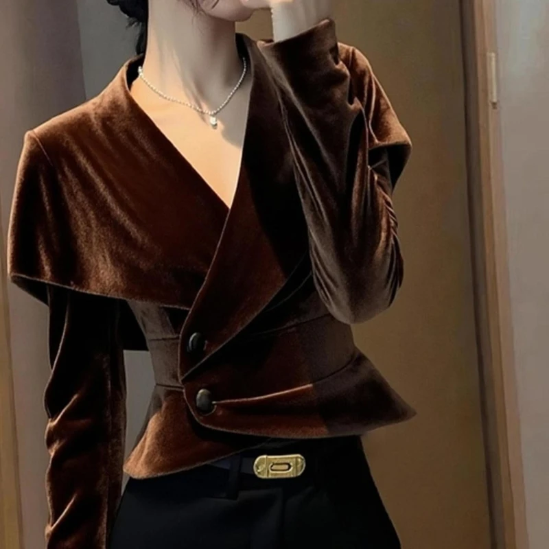 

Spring Fall Women Clothes Plated V Neck Velvet Top Coat , 2025 New Woman Clothing Slim Velour Tops Coats