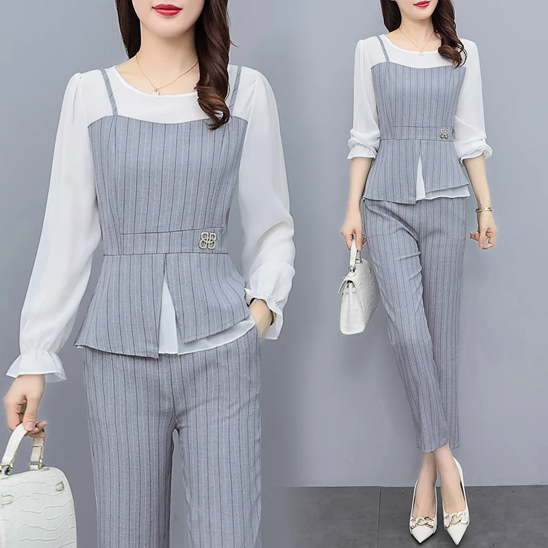 Women Oversize Patchwork Striped Slim summer Pants Sets 2024 New Fashion O-Neck Female 2 Pieces Outfits High Quality