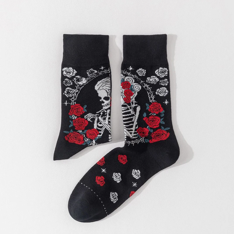 New Original Design Gothic Skull Rose Ladies Mirror Skeleton Cotton Crew Socks Unisex Women Men Halloween Day of the Dead Socks