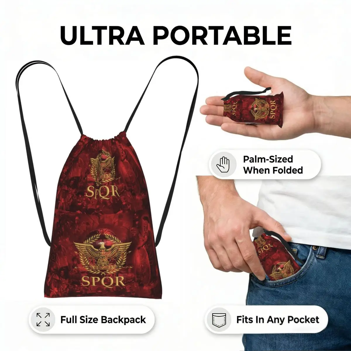 Gold Roman Imperial Eagle SPQR Drawstring Backpack hiking cycling Bag Portable Travel Drawstring Bag for Men Women