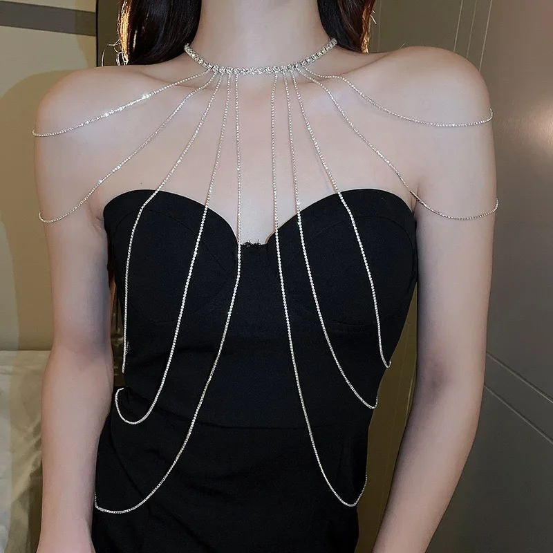 

Silver Rhinestone Body Chain Women Sexy Shoulder Necklace Multi Strand Fringe Chest Chain Party Clubwear Evening Outfit