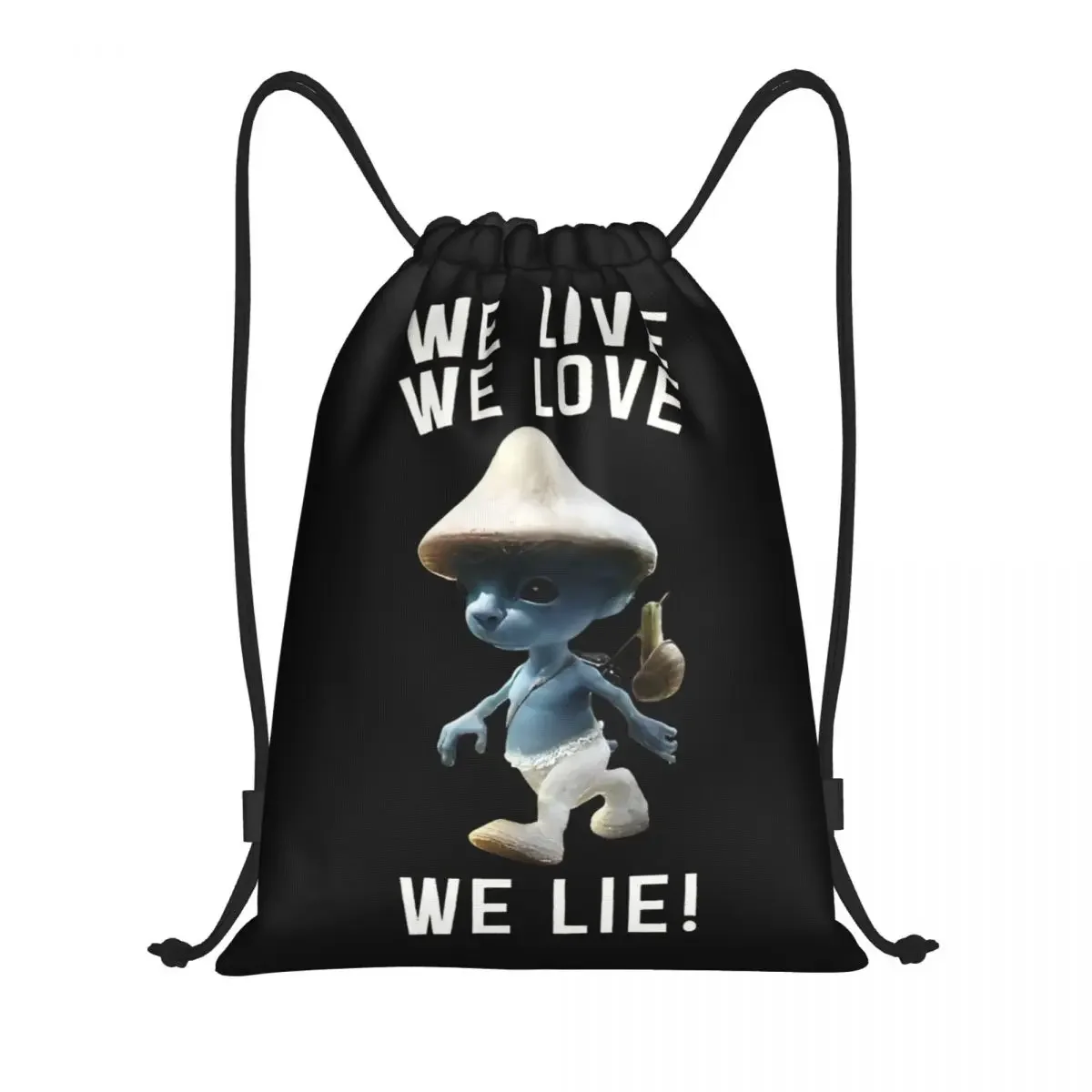 

We Live We Love We Lie Drawstring Bags Sports Backpack Gym Sackpack Cat Mushroom Meme String Bag for Hiking