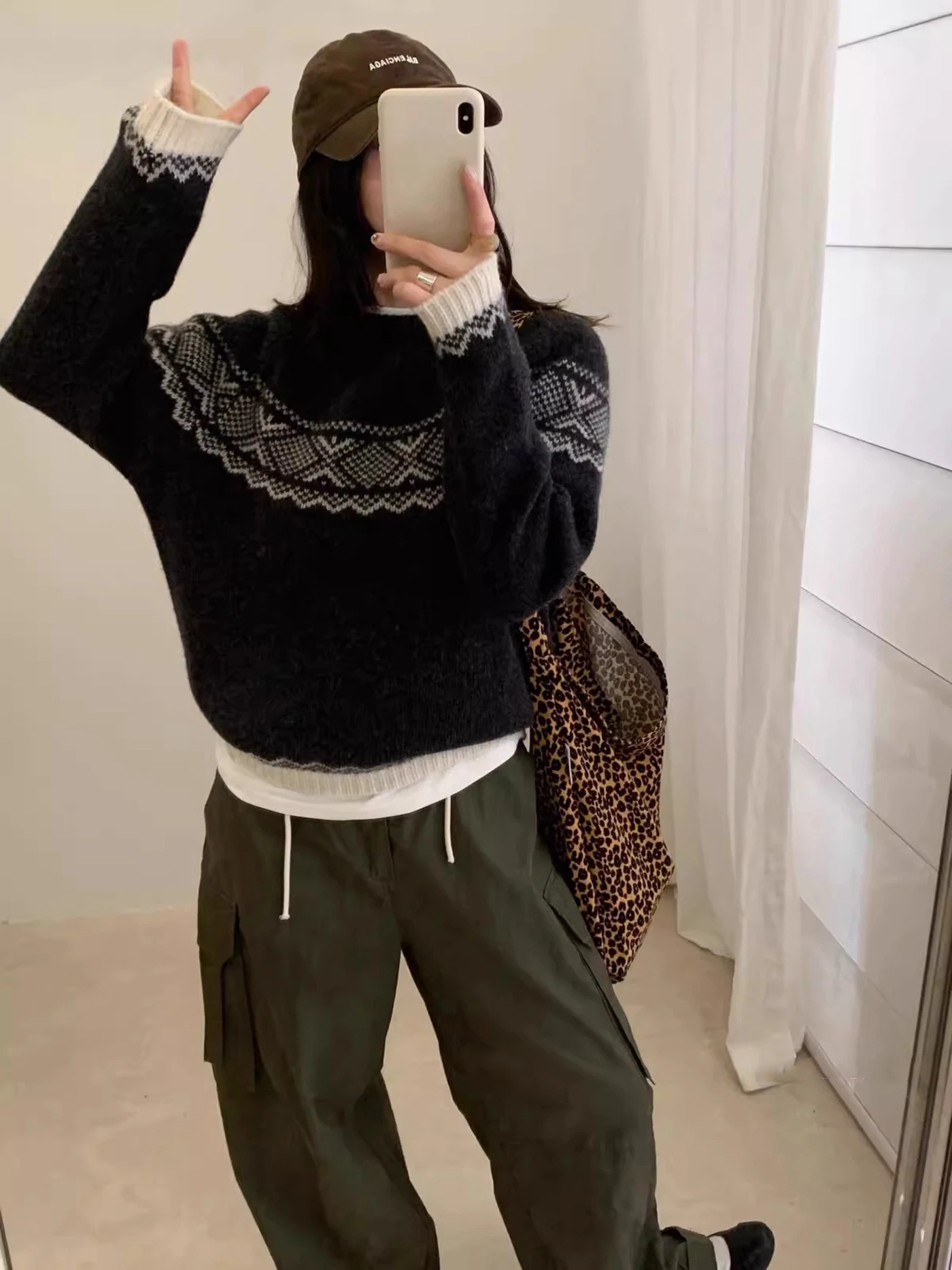 한국 슬레 여성 니트 스웨터 라운드 넥 풀오버 따뜻한 베이스 레이어 페어 아일 패턴 겨울 패션 캐주얼