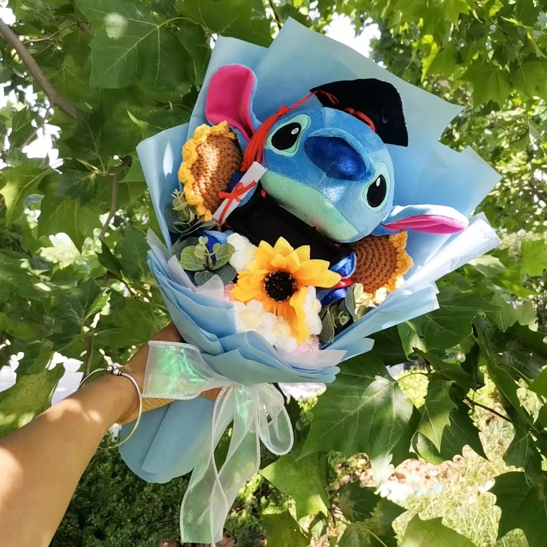 Anime Hot Lilo & Stitch With Handmade Knitting Sunflower Plush Bouquet Toys  Student Graduation Souvenir Birthday Gift