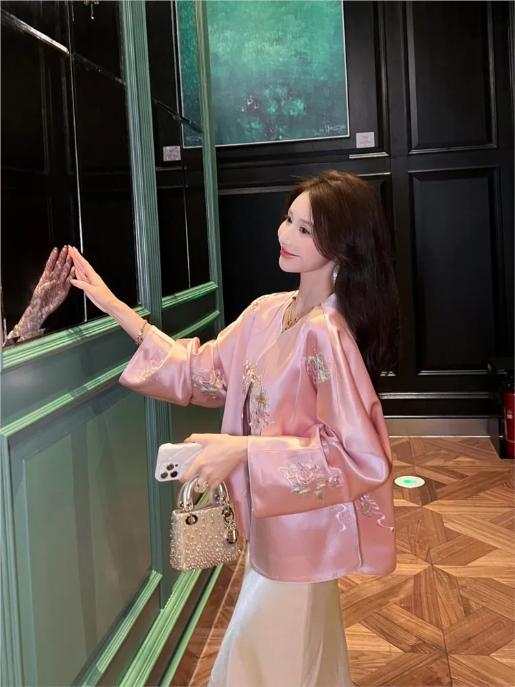 New Chinese-style acetate short coat women's printed and embroidered fashionable top