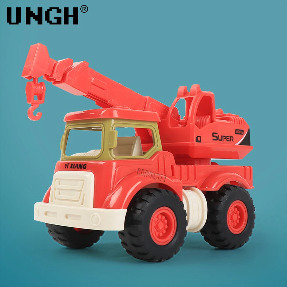 UNGH 4pcs/Set Cute Engineering Diecast Car Crane Excavator Dump Mixer Truck Inertial Vehicle Toys for Children