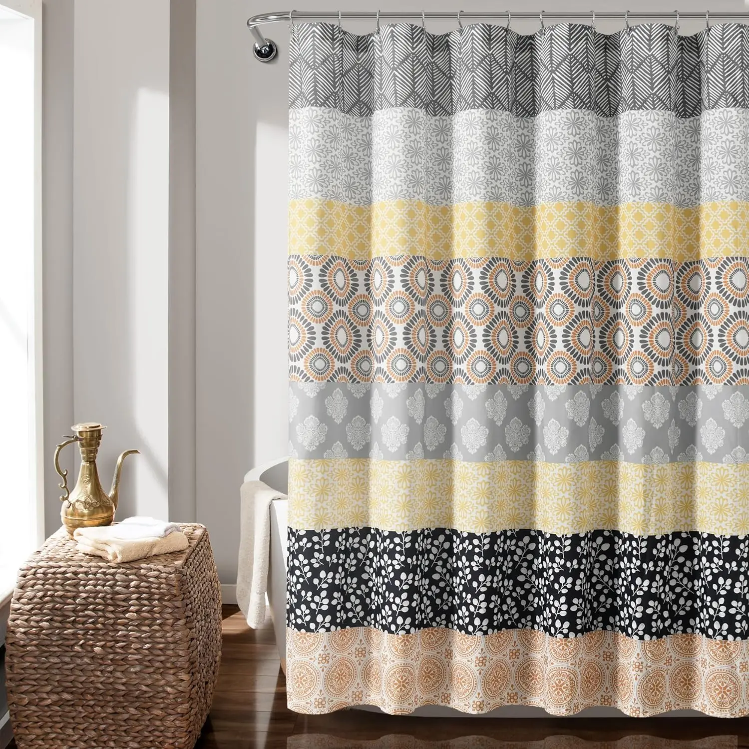 

Bohemian Stripe Shower Curtain, 72x72 Inches, Yellow & Gray - Bathroom Decor - Striped Fabric Curtains for Boho Style
