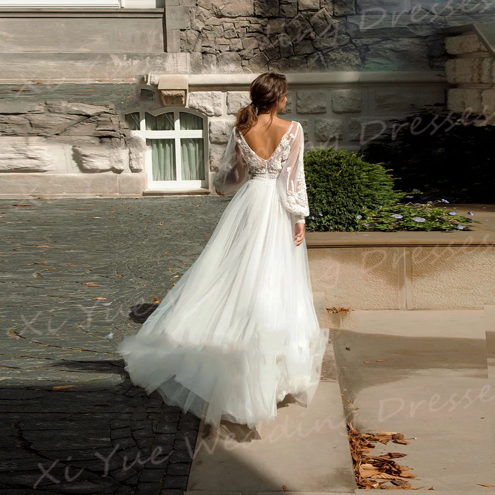 Vestido De novia clásico con escote en V, traje elegante con apliques De encaje, manga larga, Espalda descubierta, para mujer