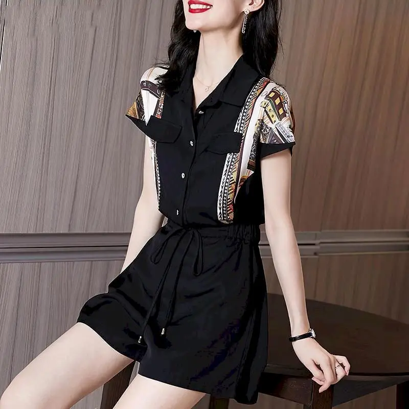 Fashion Jumpsuit Wanita Musim Panas 2024 Jumpsuit celana pendek longgar kemeja lengan pendek pinggang tinggi tipis celana kaki lebar overall playsuit