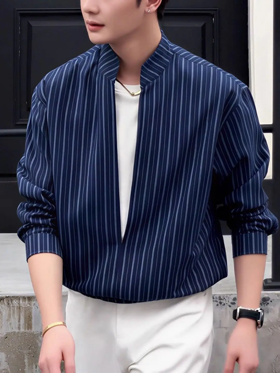 

High-End Men's Striped irt with Stand Collar Long Sve Design Casual Sle Polyester Fiber Autumn Winter New Arrival