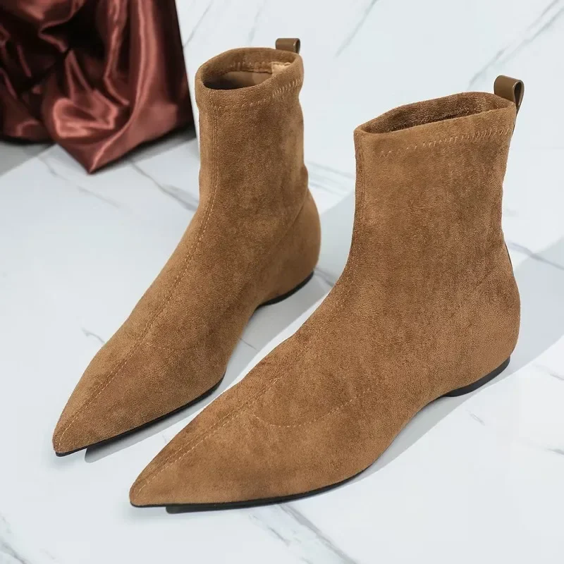 

Shoes for Women 2025 New Autumn Concise Slip-on Frosted Suede Women's Boots Retro Pointed Toe Low-heel Mid Length Short Boots