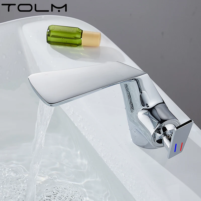 TOLM Chrome Bathroom Deck Mounted Waterfall Basin Faucet Hot Cold Water Sink Mixer Taps Black gold Lavatory Single Hole Crane