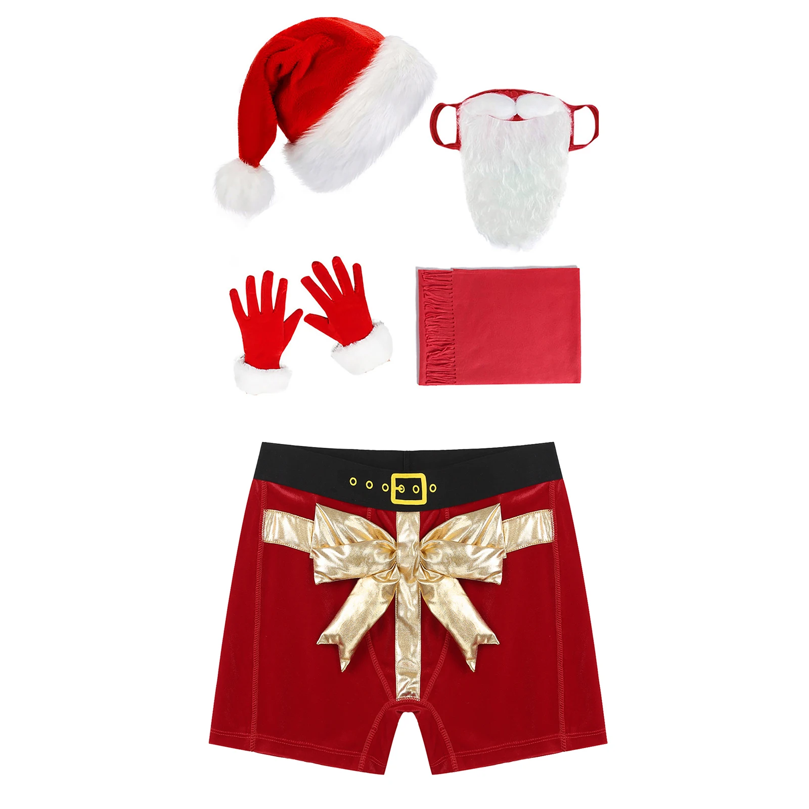 5 Pieces Mens Christmas Santa Claus Underwear Suits Bowknot Boxer Briefs Shorts with Hat Beard Gloves Scarf for Christmas Set