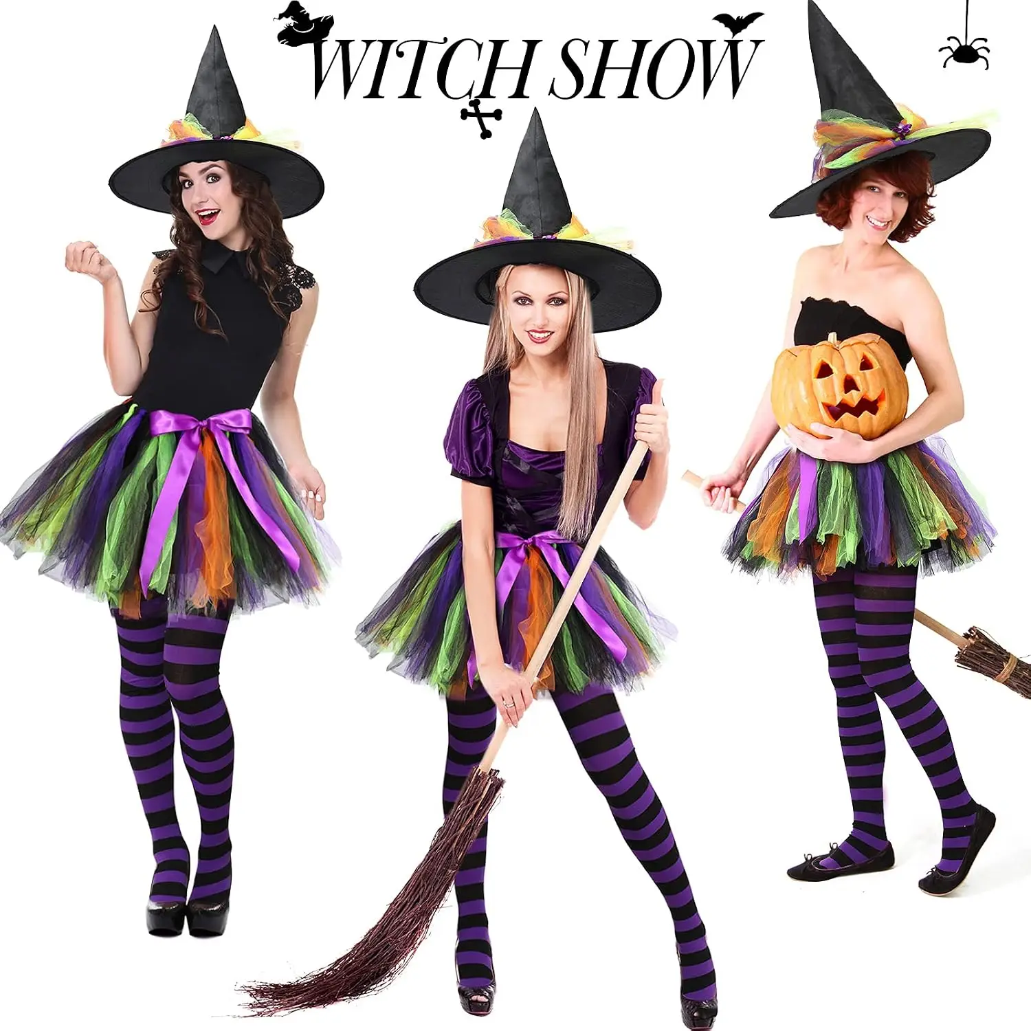 Halloween Witch Cosplay Skirt For Women Birthday Carnival Party Tutu Skirts Outfit Adult Fancy Striped Stockings Hat Costume Set