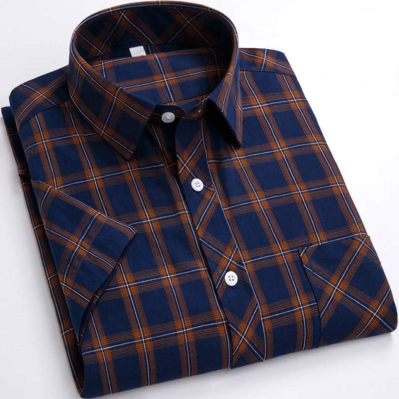 Plus Size 8XL 7XL New Men\'s Shirts Short Sleeve Cotton Plaid Shirt Formal Fashion Thin Soft Classic Basic Casual Male Clothing