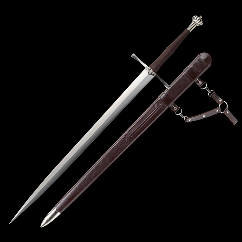 Fantastic Replica Western Sword,Spring Steel Blade,Wooden Saya Wrapping Brown Leather,Metal Fittings,Non Sharp