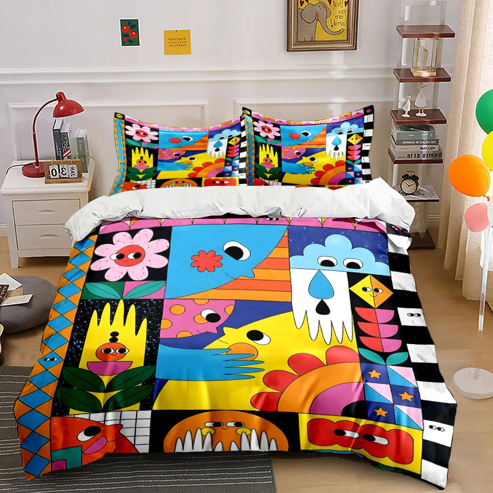 Creative cartoon collage design Printed Duvet Cover Set 1 Duvet Cover+2 Pillowcase Multi Size Bedroom Bedding Decor