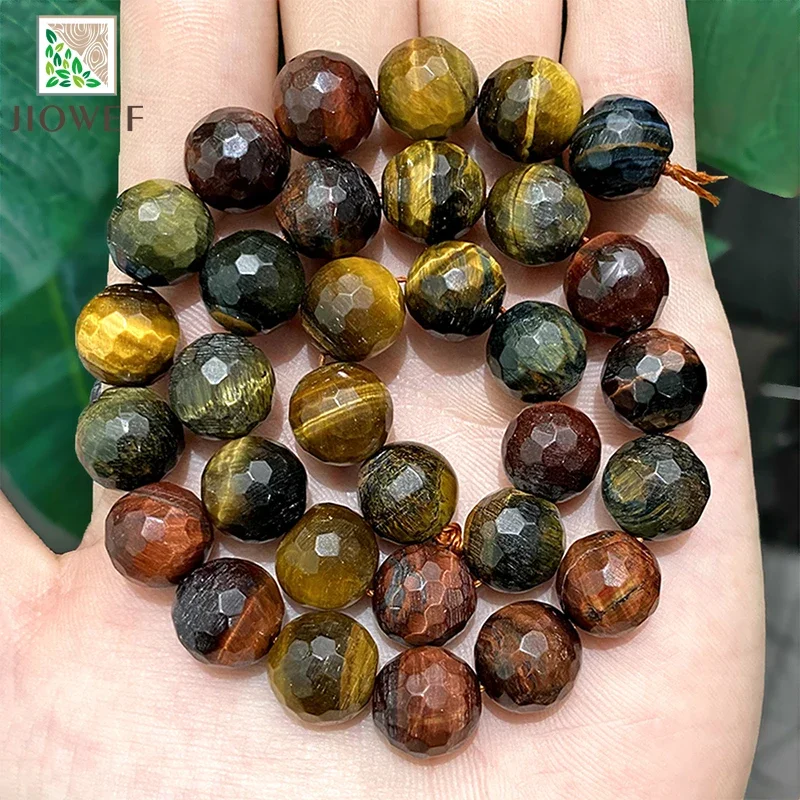 Natural Faceted Multicolor Tiger Eye Stone Round Loose Beads DIY Bracelet Earrings Ring Earrings 15'' Strand 4/6/8/10/12mm