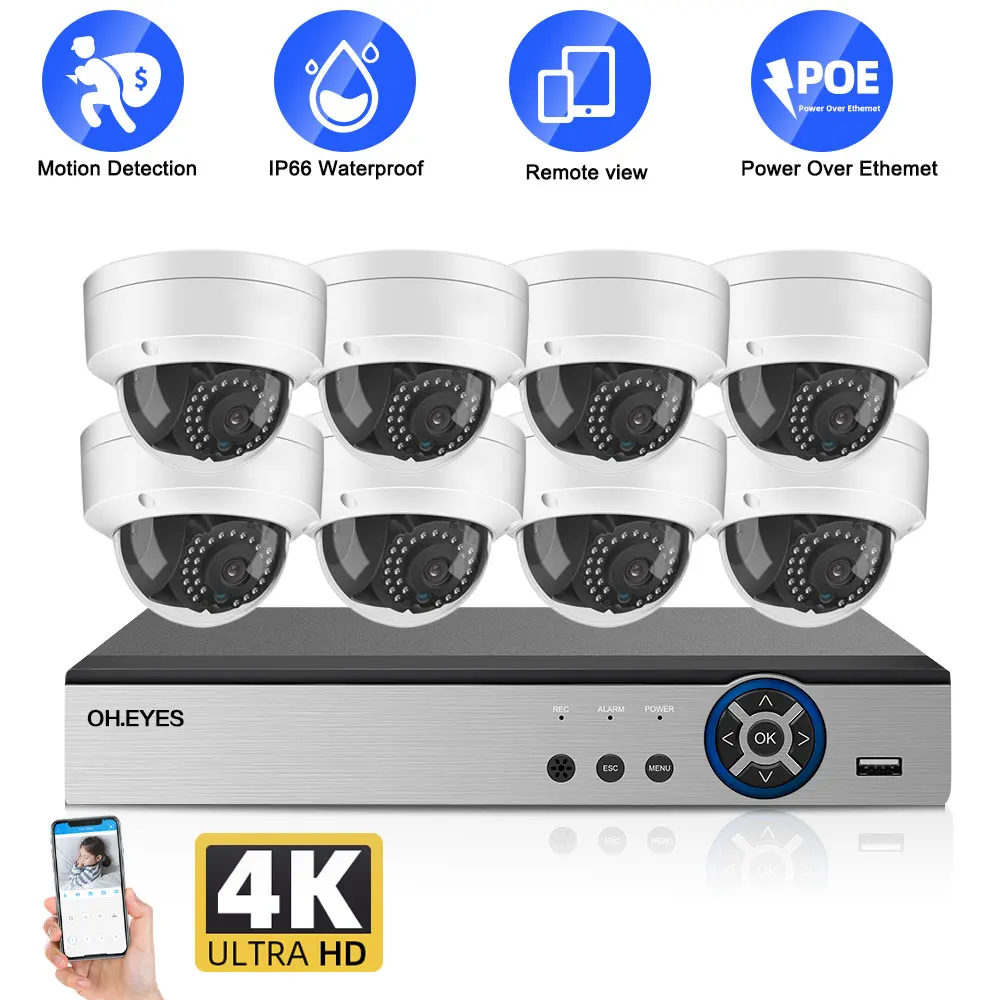 

4K Ultra HD 8MP CCTV Security Camera System H.265 POE NVR Kit 8CH Outdoor Metal Dome IP Camera Video Surveillance System Kit 4CH