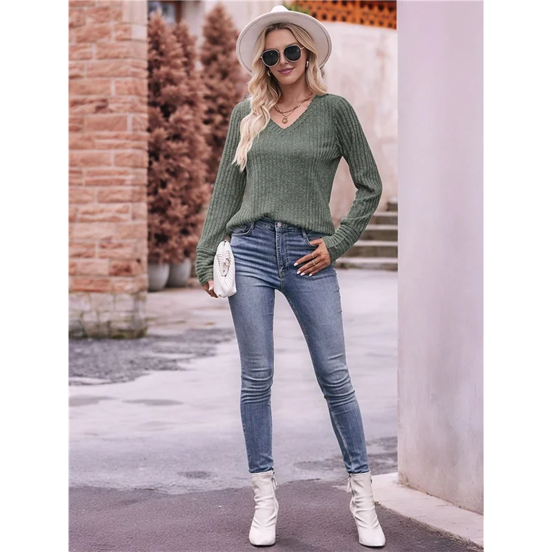

AG-Long Sleeve Shirts For Women V Neck Casual Fall Tops Loose Fit Sweaters Tunic Fashion 2025 Clothes