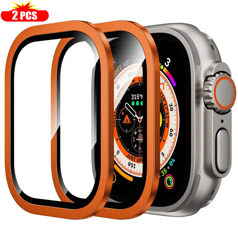 2 Stück gehärtetes Glas für Apple Watch Ultra 49 mm Titan-Metallrahmen, kratzfeste Folie, Serie Ultra 2, Displayschutzfolie, Zubehör