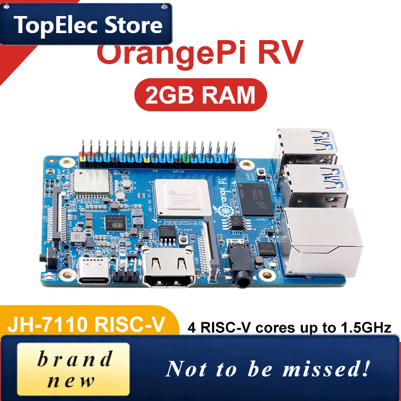 TopElec Orange Pi RV 2GB Single Board Computer, JH-7110 RISC-V ,WiFi5+BT5.0 4*USB 3.0,Gigabit Port,HDMI 2.0,5V4A Type-C Powered