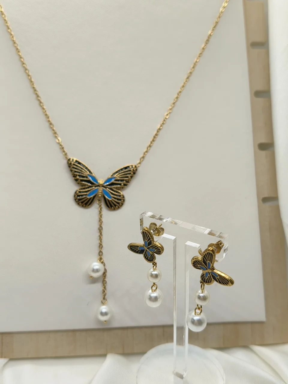

Vintage Fashion 2pcs Stainless Steel Butterfly Jewelry Set Pearl Ear Dangle Drop Enamel Bowknot Charm Choker Necklace Anti-rust