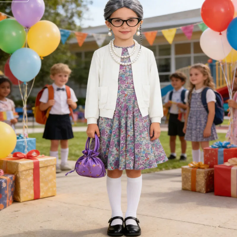 Girl 100th School Days Funny Grandma Cosplay Costumes Dress Granny Girl Celebrating Cosplay Floral Old Lady Dress Up With Cane