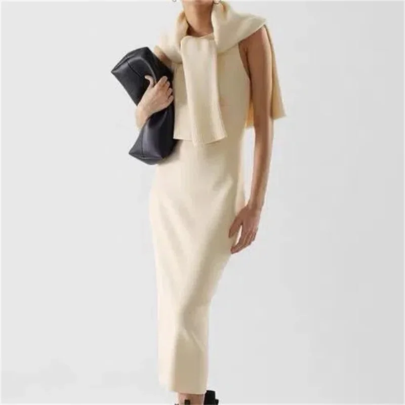 Korean Fashion Solid Knitted Dresses Women Elegant Slim Sleeveless Shoulder Strap Long Dress Vestidos Elegantes Para Mujer