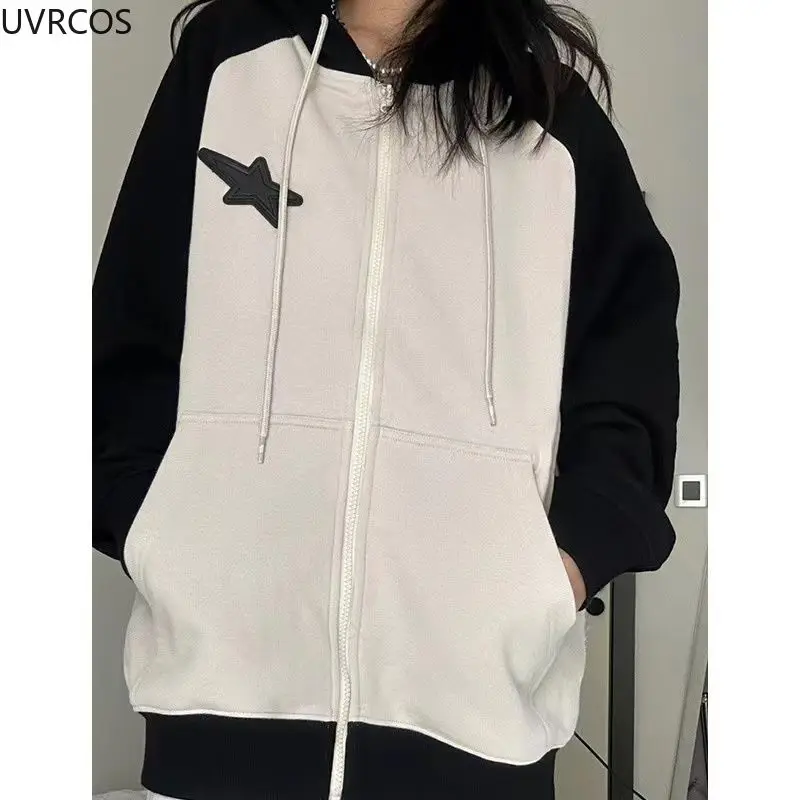 Harajuku Zip Hoodies Women Japanese Style Oversize Sweatshirts Kawaii Patchwork Star Gothic Y2k Hooded Overcoat Korean Fashion